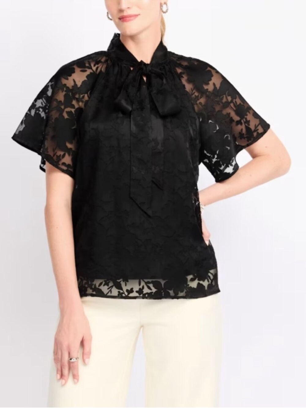 41 Hawthorn Medium Black Lace Shadow Floral Tie-Neck Short Sleeve Blouse Top